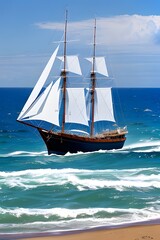 Fototapeta premium sailing ship on stormy sea (AI)