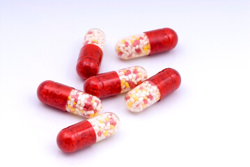 Elevated view of a bunch of capsules or drugs