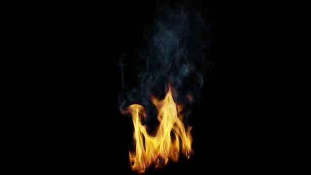 Small bright campfire with bluish smoke - 4K Pro Res isolated on black background