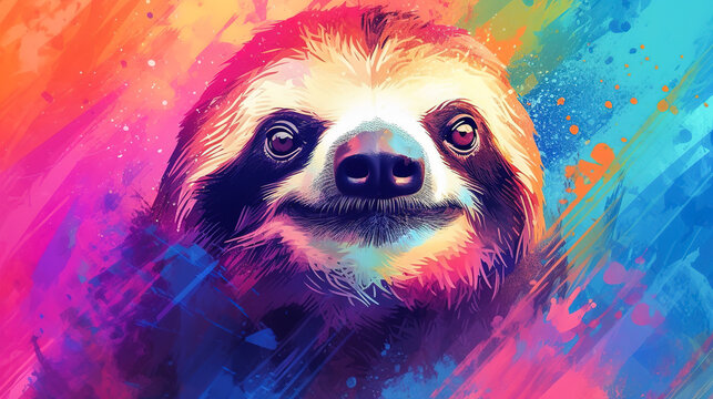 Sloth face illustration in abstract mixed grunge colors digital painting in minimal graphic art style. Very cute small animal. Digital illustration generative AI.