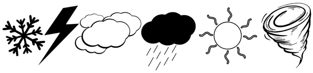 Set of hand drawn weather icons including snowflake, clouds, rain cloud, lightning bolt, sun, and tornado funnel