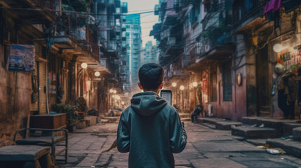 Naklejka premium Teenager engrossed in their smartphone, showcasing the digital age and the power of social media. Generative AI