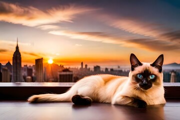A graceful Siamese cat reclining on a windowsill, overlooking a city skyline at sunset - Generative AI Technology