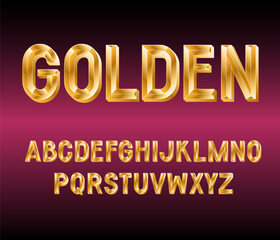 Golden Convex Alphabet. 3d Metallic font. Shiny Letters and Numbers.