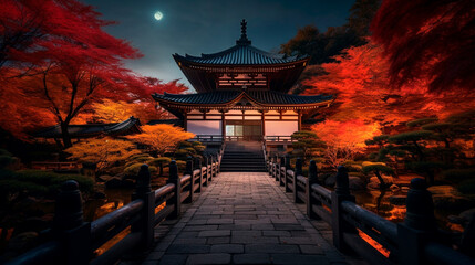 Obraz premium Nightfall at Rurikoin Temple in Kyoto with fiery red autumn foliage. Generative AI