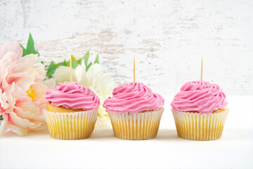 Three strawberry pink cupcake toppers mockup. Romantic shabby chic, modern farmhouse styling....