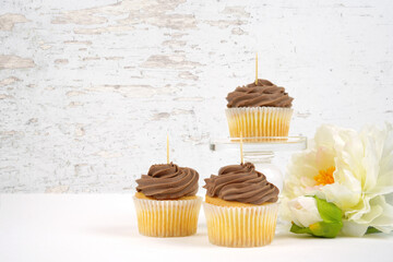 Three chocolate cupcake toppers mockup. Romantic shabby chic, modern farmhouse styling. Negative...