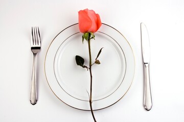 Place setting with pinky rose in white background.