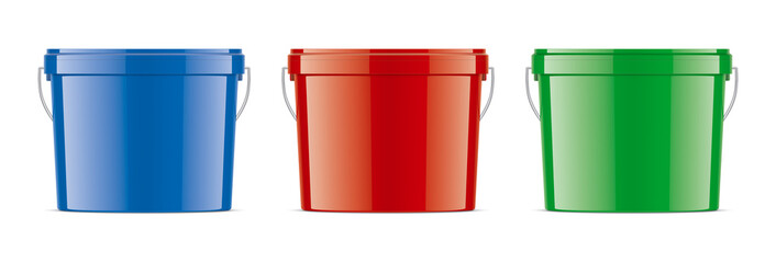 Set of color plastic buckets of medium size