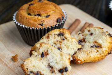 Cupcake with chocolate pieces, close up
