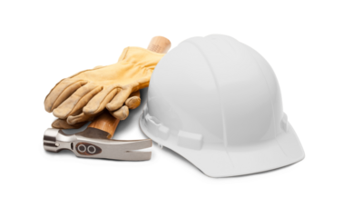 White Safety Hard Hat, Gloves and Hammer Facing Forward Isolated Ready for Your Logo - Transparent PNG.