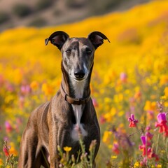 Curious Greyhound Posing Against a Vibrant Field of Wildflowers
