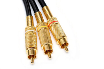 set of gold-plated stereo audio/video jacks.  yelow video, red and white audio channels - obrazy, fototapety, plakaty