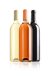 three bottles of wine with paths on white background