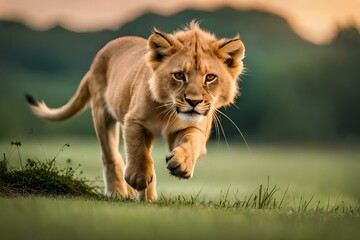 Obraz premium A playful lion cub pouncing on its sibling, their fluffy manes forming a beautiful contrast