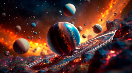 Fototapeta na wymiar Space digital artwork. Surreal fantasy cosmos. Nebula with planets and stars. Generative AI