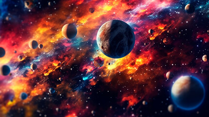 Obraz na płótnie Canvas Space digital artwork. Surreal fantasy cosmos. Nebula with planets and stars. Generative AI