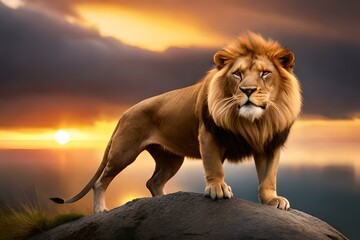 A magnificent male lion with a majestic golden mane, standing proudly on a rocky cliff