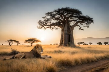 A regal lion resting under the shade of a mighty baobab tree in the African savannah - obrazy, fototapety, plakaty