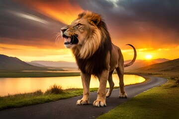 A magnificent male lion with a majestic golden mane, standing proudly on a rocky cliff