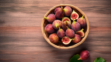 Fresh figs in the basket. A basket with a handle with figs on a wooden table on a light background. Big figs on old brown wooden table. Realistic 3D illustration. Generative AI