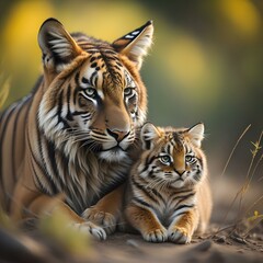 Fototapeta na wymiar Siberian Tiger and cub, Panthera tigris altaica. generative ai