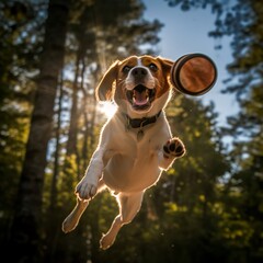Playful Beagle Catching a Flying Disc in Midair