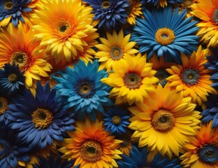 Fototapeta na wymiar Colorful daisy flowers as a background. Top view. Flat lay. generative ai