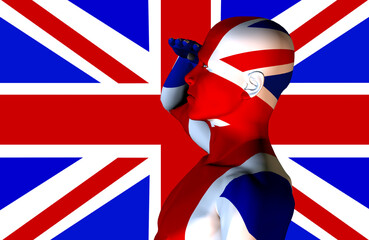A man with the Union Jack flag on his body its the flag of Great Britain.
