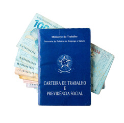 Brazilian work card on top of brazil money banknotes. png transparent background