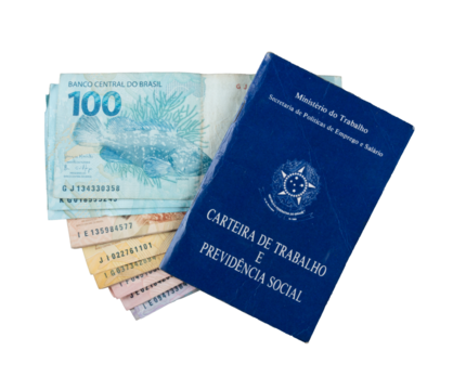 Brazilian work card on top of brazil money banknotes. png transparent background