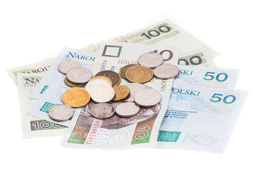 bank, buy, cash, change, currency,   money, penny, purchase, quarters, save, tender, bank, zloty, europa, pay, white, background