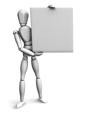 3D render of a wooden man holding a blank sign