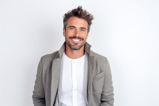 Handsome young man looking at camera and smiling while standing against white background