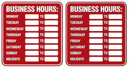 Business Hours sign.    Top sign flat style. Bottom sign has shadowing for a layered look