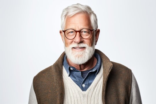 Group portrait photography of a pleased man in his 60s that is wearing a chic cardigan against a white background . Generative AI