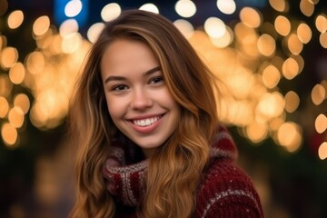 Portrait of a beautiful young woman in a red sweater on a background of Christmas lights.