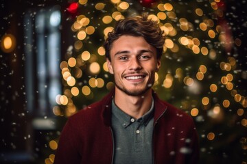 Portrait of a handsome young man on a background of Christmas lights