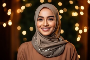hijab, christmas, holidays and people concept - smiling young muslim woman in hijab over lights background