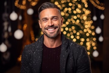 Naklejka premium Portrait of a handsome young man in a black jacket on the background of a Christmas tree.
