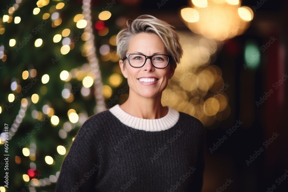 Poster Portrait of smiling woman with eyeglasses against blurred christmas lights