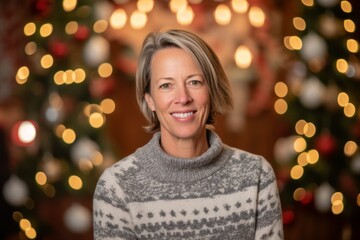 Portrait of a smiling middle-aged woman in front of a Christmas tree