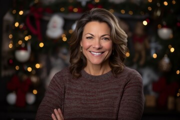 Portrait of smiling mature woman with arms crossed in front of christmas tree