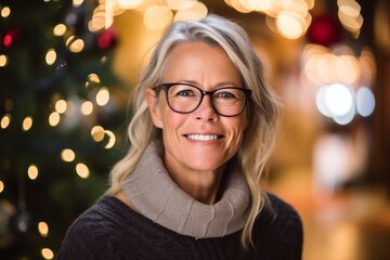Portrait of a beautiful mature woman with glasses against christmas lights