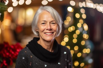 senior woman with christmas tree at home or in a restaurant