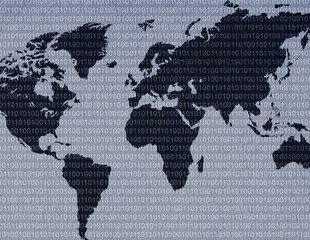 World map with binary code behind it.