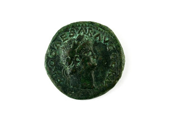 Aes ,Roman imperial coin of Nero, 13 October 54 - 9 June 68 A.D.  Obverse: Head of Nero laureate encircled by NERO CAESAR AVG GERM .