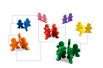 Business concepts illustrated with colorful wooden people - networking, organizational groups, or workgroups.