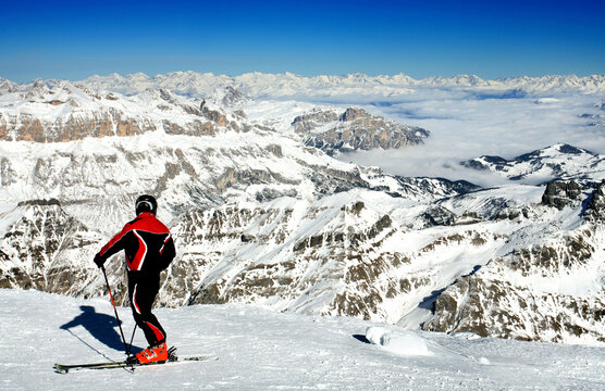 Ski resort Italy, Skier standing on Marmolada, 3342 m