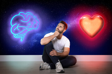 Thoughtful man choosing between logic and emotions on floor. Illustrations of glowing heart and...